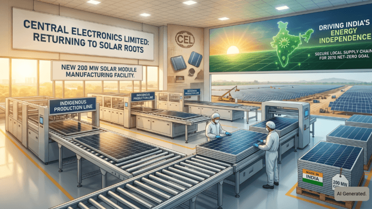 Workers in cleanroom gear assembling large solar modules on an indigenous line for CEL India, context: launch.