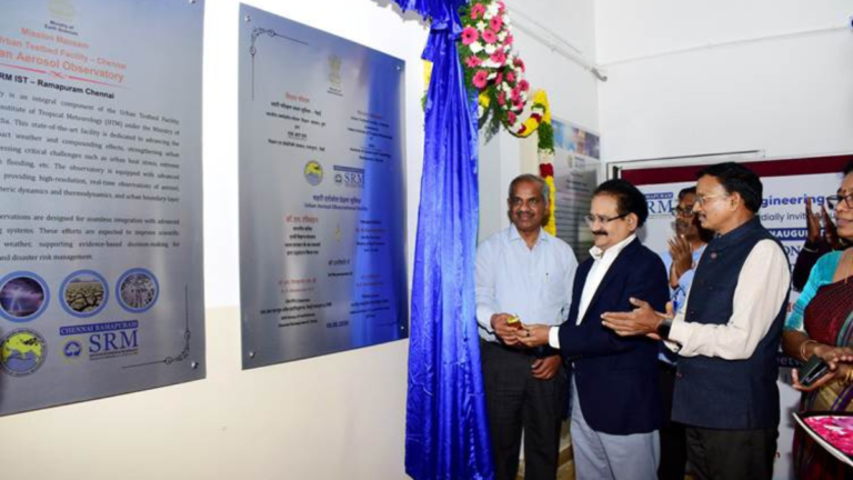 Dr. M. Ravichandran unveiling a silver plaque for the Urban Aerosol Observatory at SRMIST campus in Chennai, India.