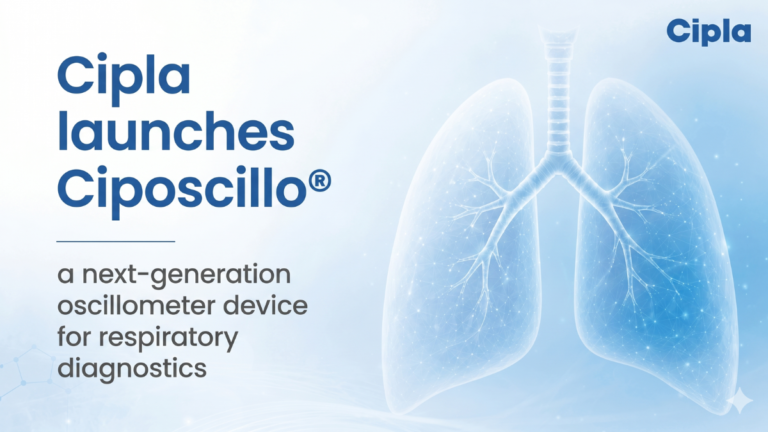 Cipla launches Ciposcillo text next to a glowing white lung illustration on a blue background for Indian diagnostics.