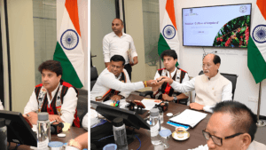 Jyotiraditya Scindia and Neiphiu Rio launch the Coffees of Nagaland mission at an official government meeting in India.