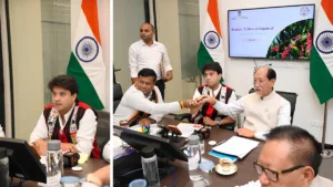 Jyotiraditya Scindia and Neiphiu Rio launch the Coffees of Nagaland mission at an official government meeting in India.