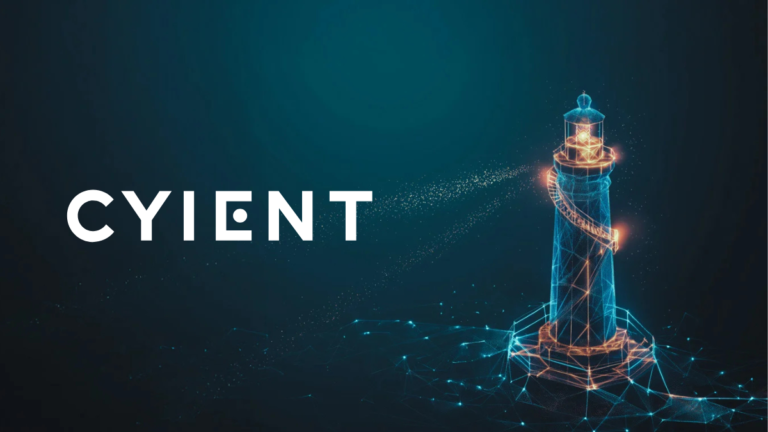 CYIENT logo next to a blue digital lighthouse graphic for the first India-made GaN semiconductor launch