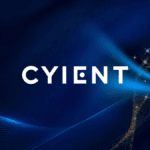 The Cyient brand name logo in white font centered on a dark blue background with abstract glowing light waves and gold sta...