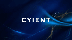 The Cyient brand name logo in white font centered on a dark blue background with abstract glowing light waves and gold sta...