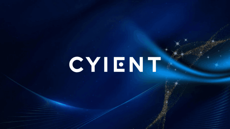 The Cyient brand name logo in white font centered on a dark blue background with abstract glowing light waves and gold sta...