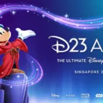 Sorcerer Mickey Mouse on a cliff next to D23 Asia Singapore 2027 text and Marvel Star Wars logos for entertainment fans.