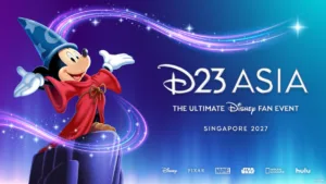 Sorcerer Mickey Mouse on a cliff next to D23 Asia Singapore 2027 text and Marvel Star Wars logos for entertainment fans.
