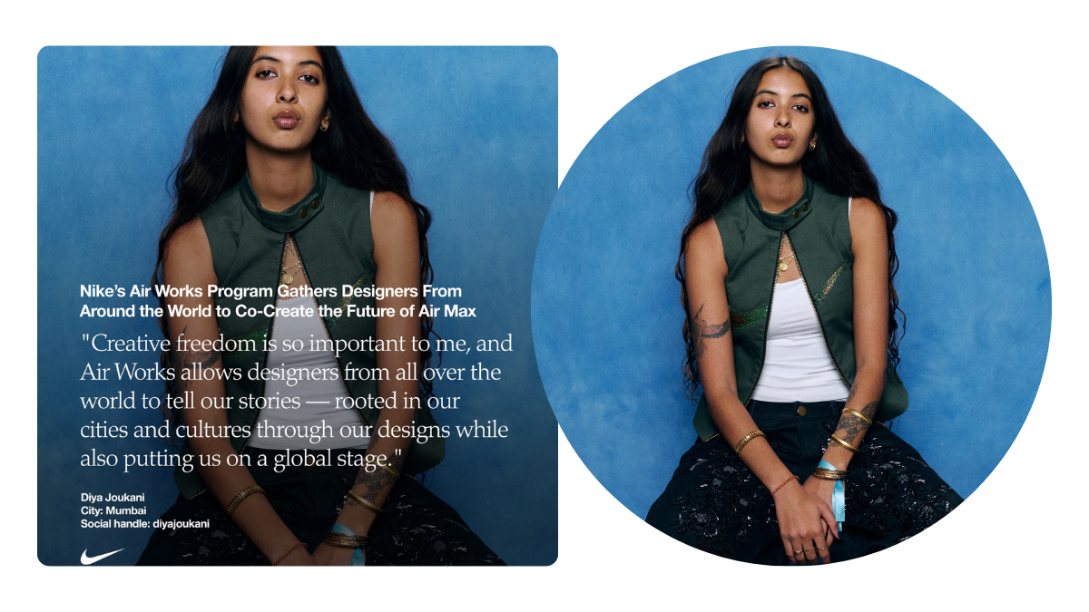 Diya Joukani wearing a green vest and bangles in a profile shot for the Nike Air Works design programme in Mumbai.