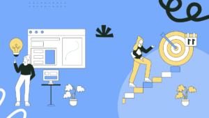 Illustration of two figures with an idea bulb and stairs leading to a target for India startup incubation growth.
