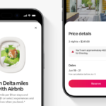 Smartphone displaying the Airbnb app interface showing Delta miles earning rates for stays and local experiences.