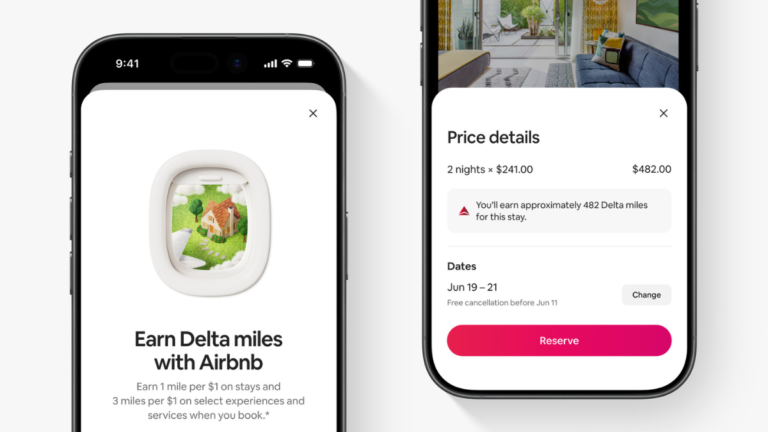 Smartphone displaying the Airbnb app interface showing Delta miles earning rates for stays and local experiences.
