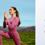 Woman in pink activewear doing yoga outdoors wearing a blue Fitbit Air pebble with a Performance Loop band.