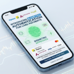 Blue smartphone screen showing Flipkart and Axis Bank biometric payment interface and a green fingerprint icon in India