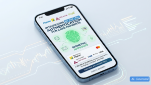 Blue smartphone screen showing Flipkart and Axis Bank biometric payment interface and a green fingerprint icon in India