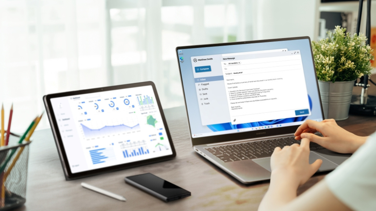 Galaxy Book6 Enterprise Edition Offers 24-Hour Battery 2 A Galaxy Book6 laptop and Galaxy Tab on a desk showing the Second Screen feature and an integrated digital workflow.