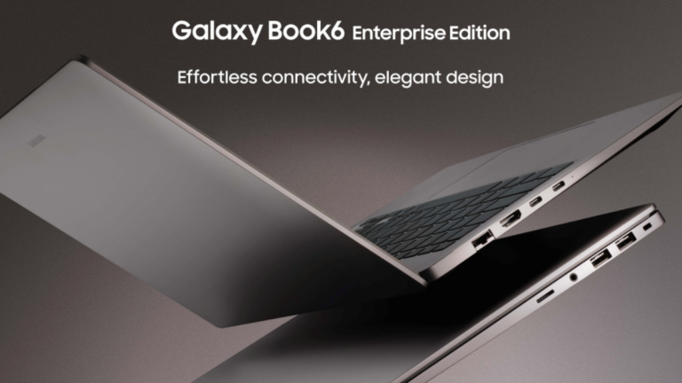 Two Mocha Gray Galaxy Book6 Enterprise Edition laptops showing thin side profiles and ports against a dark business backdrop.