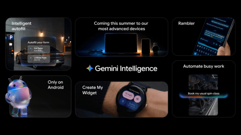 Collage of Gemini AI features including Rambler and widget creation on Android phone and smartwatch interfaces.