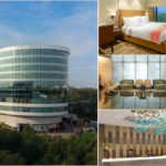Modern glass exterior, bedroom with lawn view, colourful lobby, and reception desk of Ginger hotel in Hyderabad