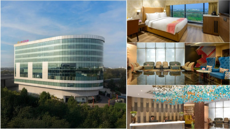 Modern glass exterior, bedroom with lawn view, colourful lobby, and reception desk of Ginger hotel in Hyderabad