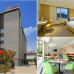 Exterior of Ginger hotel, a modern green bedroom, and a colourful dining area at the new Genome Valley property in Hyderabad.