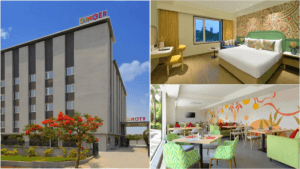 Exterior of Ginger hotel, a modern green bedroom, and a colourful dining area at the new Genome Valley property in Hyderabad.