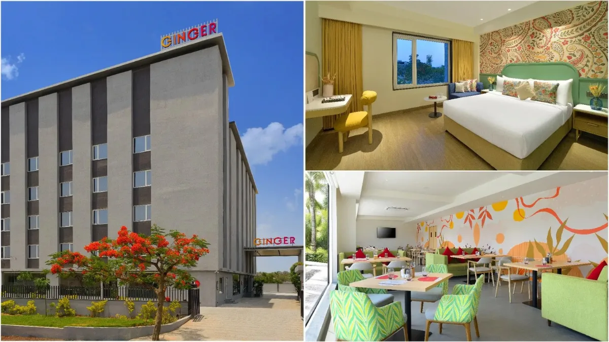 This 75-room hotel sits right inside Genome Valley 1 Exterior of Ginger hotel, a modern green bedroom, and a colourful dining area at the new Genome Valley property in Hyderabad.