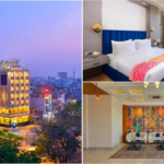 Collage showing Ginger Kota hotel exterior at night, a modern bedroom, and a decorative lobby in Rajasthan.