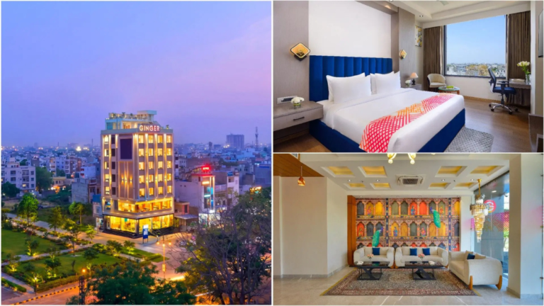 Collage showing Ginger Kota hotel exterior at night, a modern bedroom, and a decorative lobby in Rajasthan.