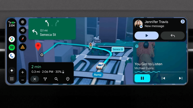 Your next Mahindra or Tata will now play YouTube in HD 5 Car dashboard showing 3D buildings on a map next to a music player and message notification navigation.