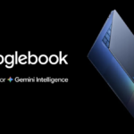 Dark blue Googlebook laptop floating against a black background with Gemini Intelligence branding for AI work