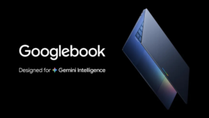 Dark blue Googlebook laptop floating against a black background with Gemini Intelligence branding for AI work
