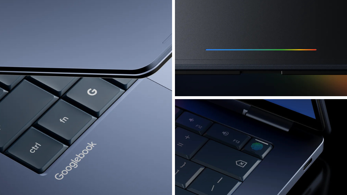 Collage showing a Googlebook keyboard, fingerprint sensor, and a multicoloured glowbar light for hardware identification