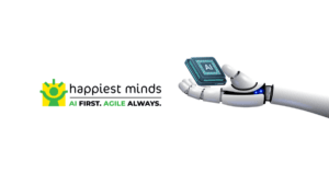 Happiest Minds logo with AI First Agile Always text beside a robotic hand holding an AI chip for agentic automation.