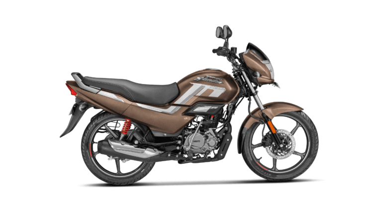 Brown Hero Super Splendor XTEC 2.0 motorcycle with silver graphics and a front disc brake, newly launched in India.