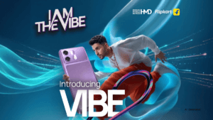 Man leaping beside the purple HMD Vibe 2 5G smartphone against a glowing blue background for its upcoming India launch.
