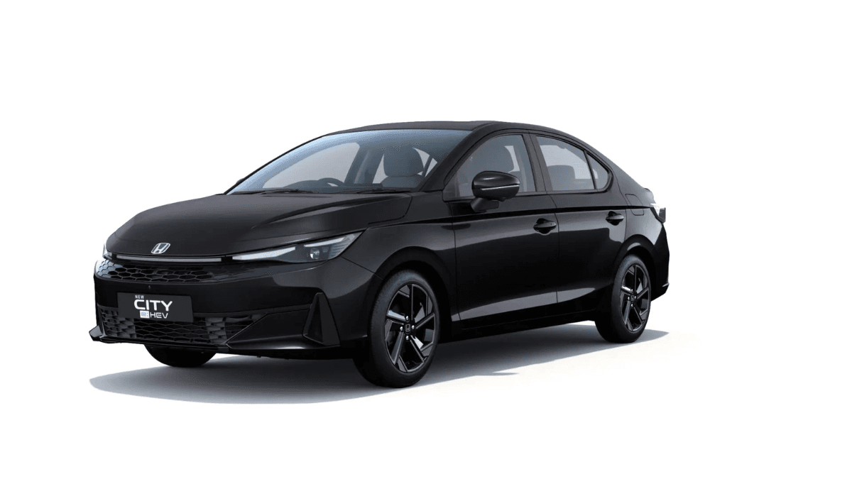 A three-quarters front view of the black Honda City eHEV strong hybrid sedan parked against a clean white background.