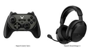 Black Clutch Talon controller and Cloud Stinger 3 headset with boom mic on white background hardware.