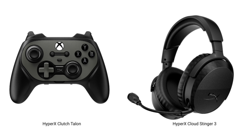 Black Clutch Talon controller and Cloud Stinger 3 headset with boom mic on white background hardware.