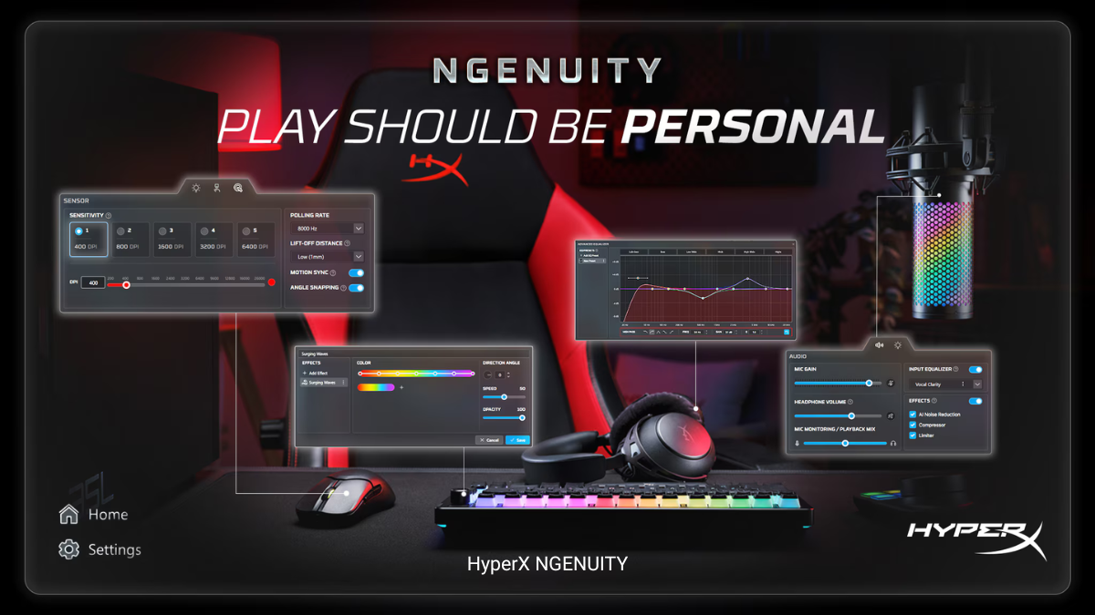 NGENUITY software dashboard showing sensor DPI settings and audio equaliser tools over a gaming setup software.