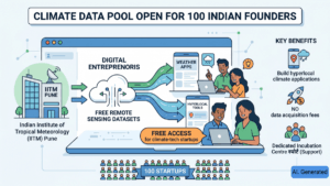 Laptop illustration displaying a weather data flowchart with founders for the IITM Pune incubation launch.