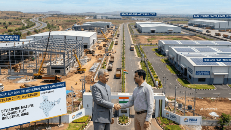 Two men shaking hands in front of an industrial park with warehouses, a road, and a billboard about Indian hubs.