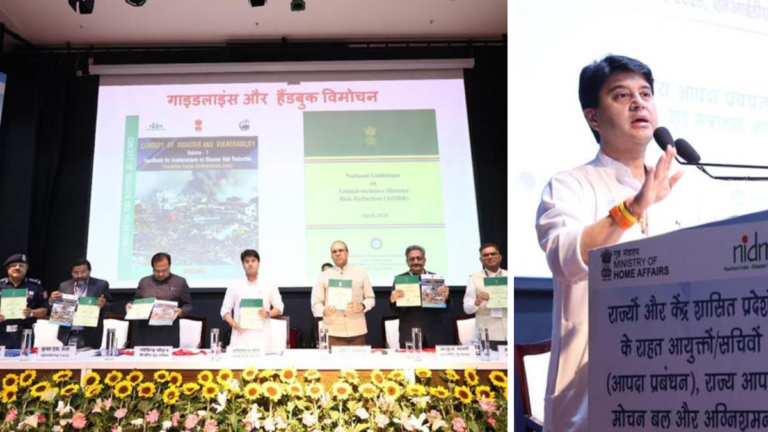 Group holding handbooks and Minister Scindia speaking, showing the launch of India's new disaster guidelines.