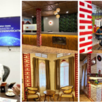A modern post office interior in Shillong featuring bamboo walls, a music corner with drums, and student seating areas.