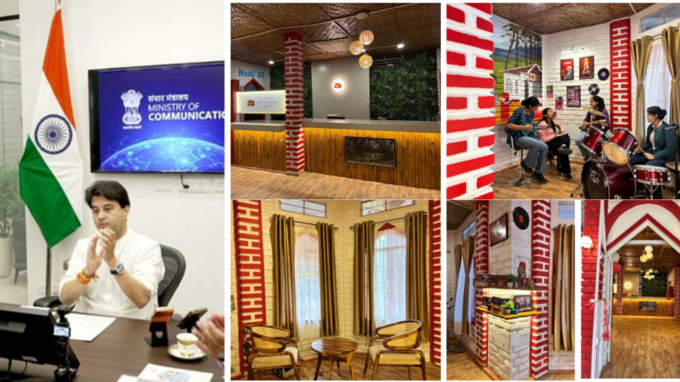 A modern post office interior in Shillong featuring bamboo walls, a music corner with drums, and student seating areas.
