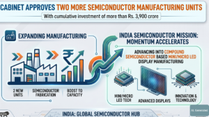 Infographic showing factory icons, a Rupee symbol with an upward arrow, and a digital monitor for LED display manufacturing.