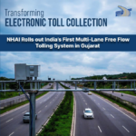Electronic sensors on a highway gantry over cars on NH-48 in Gujarat for India's first MLFF tolling system.