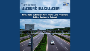 Electronic sensors on a highway gantry over cars on NH-48 in Gujarat for India's first MLFF tolling system.