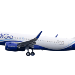 Profile of an IndiGo A320 aircraft with white and blue livery, VT-ITC registration, landing gear down. Context: IndiGo fli...