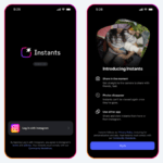 Two phone screens displaying the Instants login page and key features like disappearing photos for Indian users.