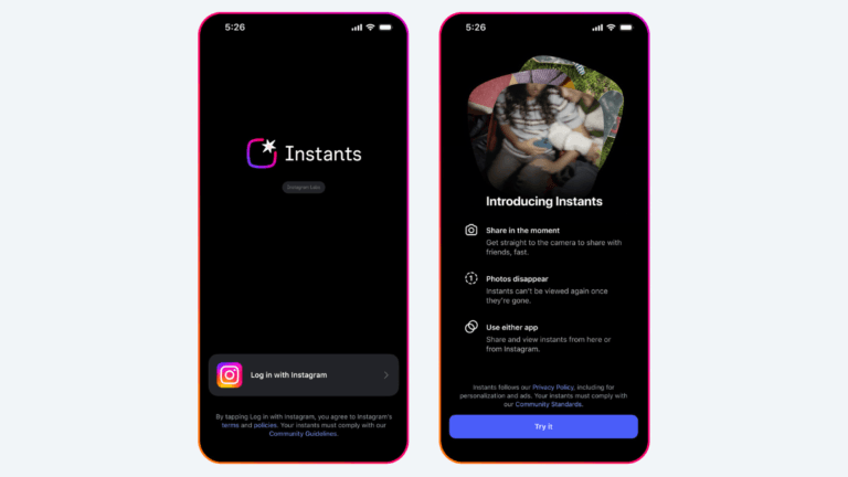Two phone screens displaying the Instants login page and key features like disappearing photos for Indian users.